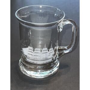 Vtg Toscany Etched Glass Beer Mug Schooner Clipper Nautical Ship- 4.75"
